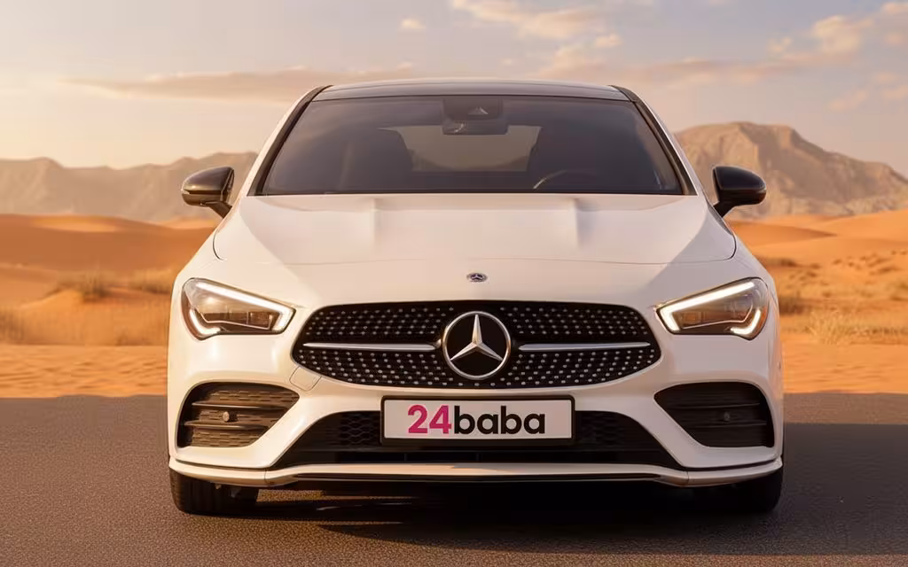 Mercedes Cla200 2023 White front view with headlights – rental in Dubai