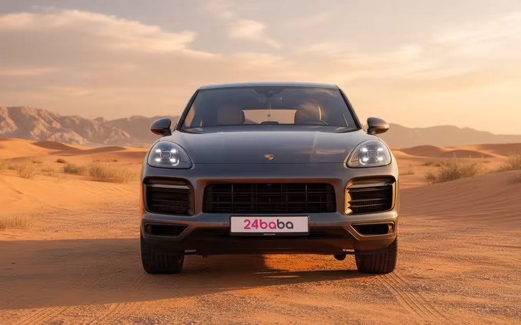 Porsche Cayenne 2024 Grey front view with headlights – rental in Dubai