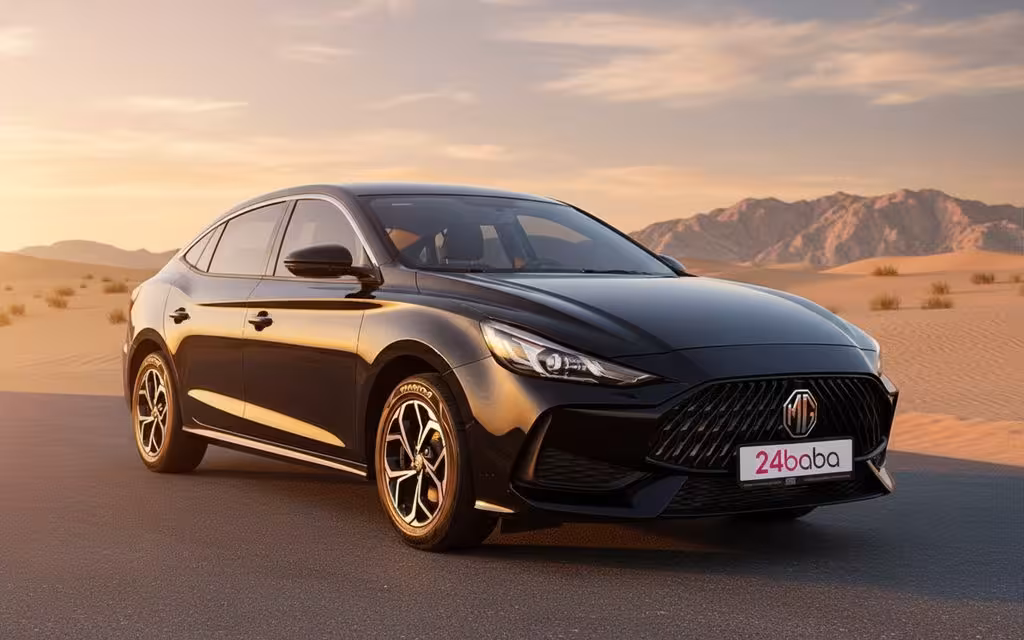 Mg Gt 2024 Black front view with headlights – rental in Dubai