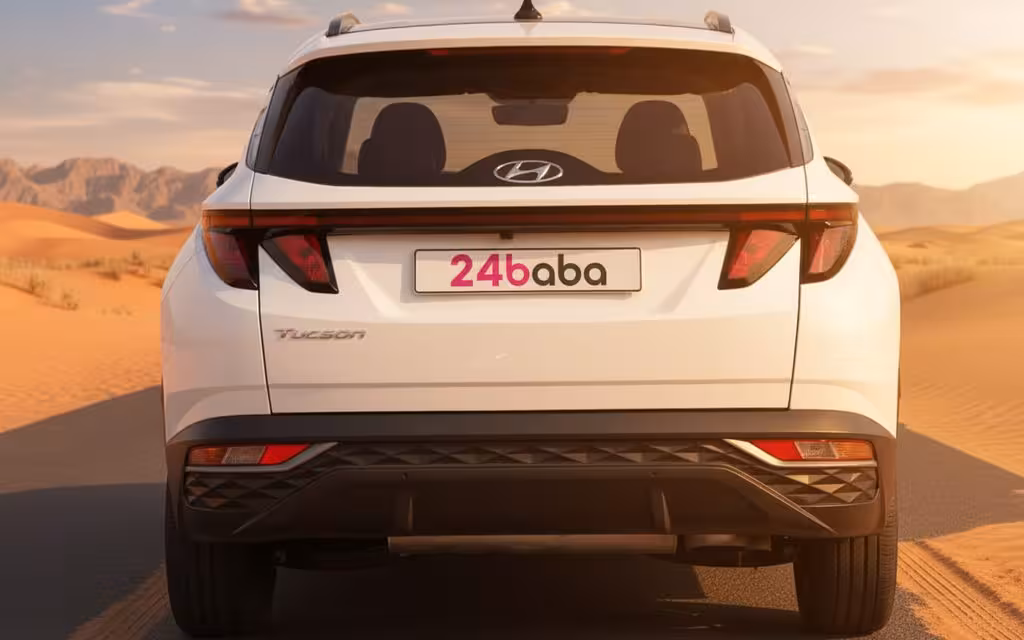 Hyundai Tucson 2023 White rear view showing taillights – rental in Dubai