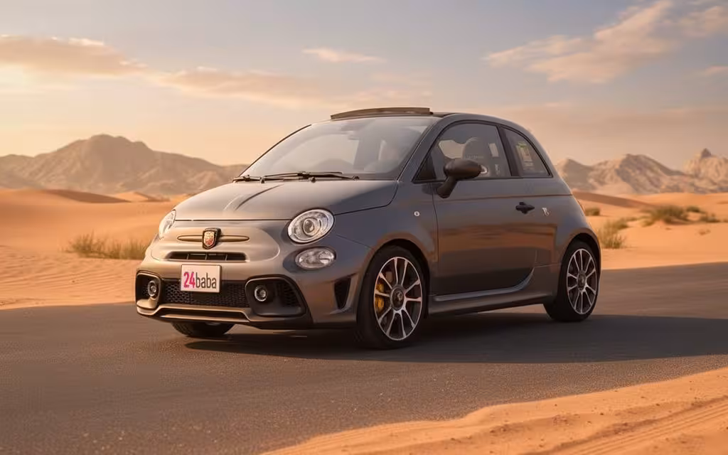 Fiat 500 2023 Grey front view with headlights – rental in Dubai