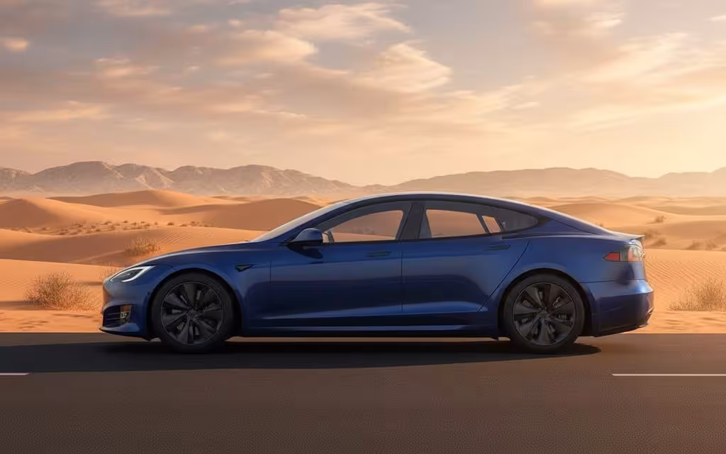 Tesla ModelS 2023 Blue side profile – rental in Dubai