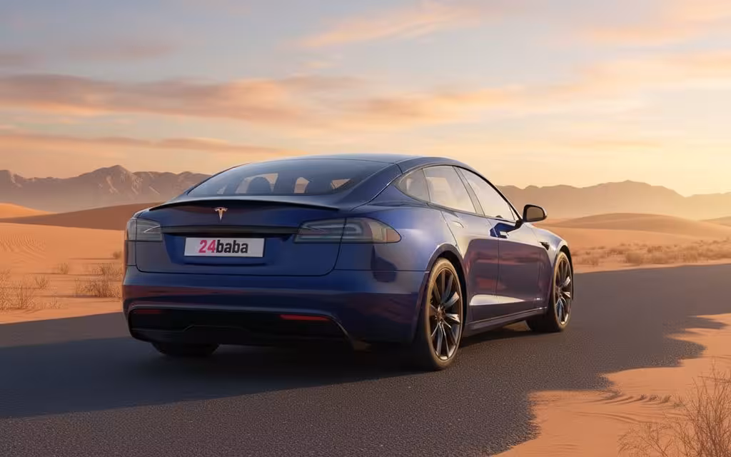 Tesla ModelS 2023 Blue rear view showing taillights – rental in Dubai