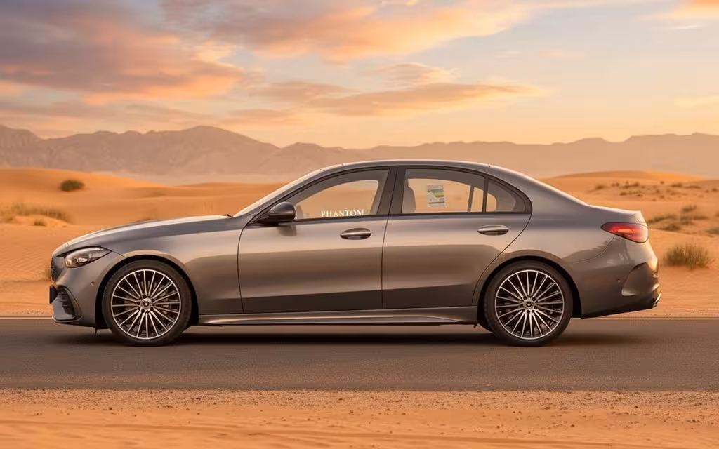 Mercedes C200 2024 Grey side profile – rental in Dubai