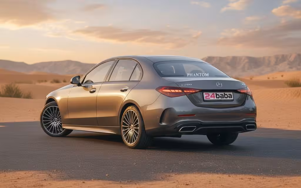 Mercedes C200 2024 Grey rear view showing taillights – rental in Dubai
