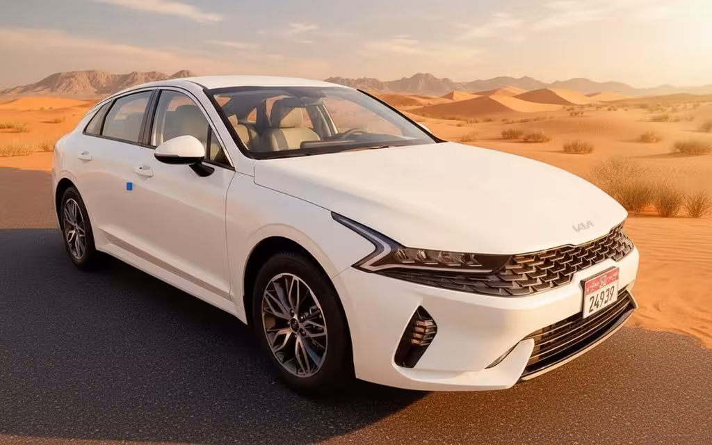 Kia K5 2023 White front view with headlights – rental in Dubai