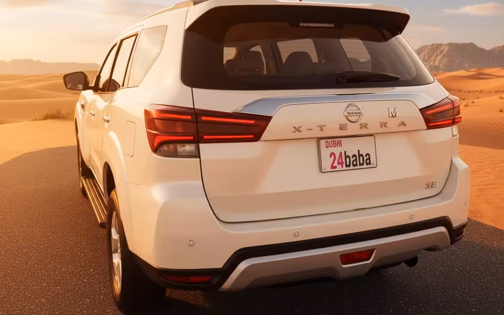 Nissan X Terra 2023 White rear view showing taillights – rental in Dubai