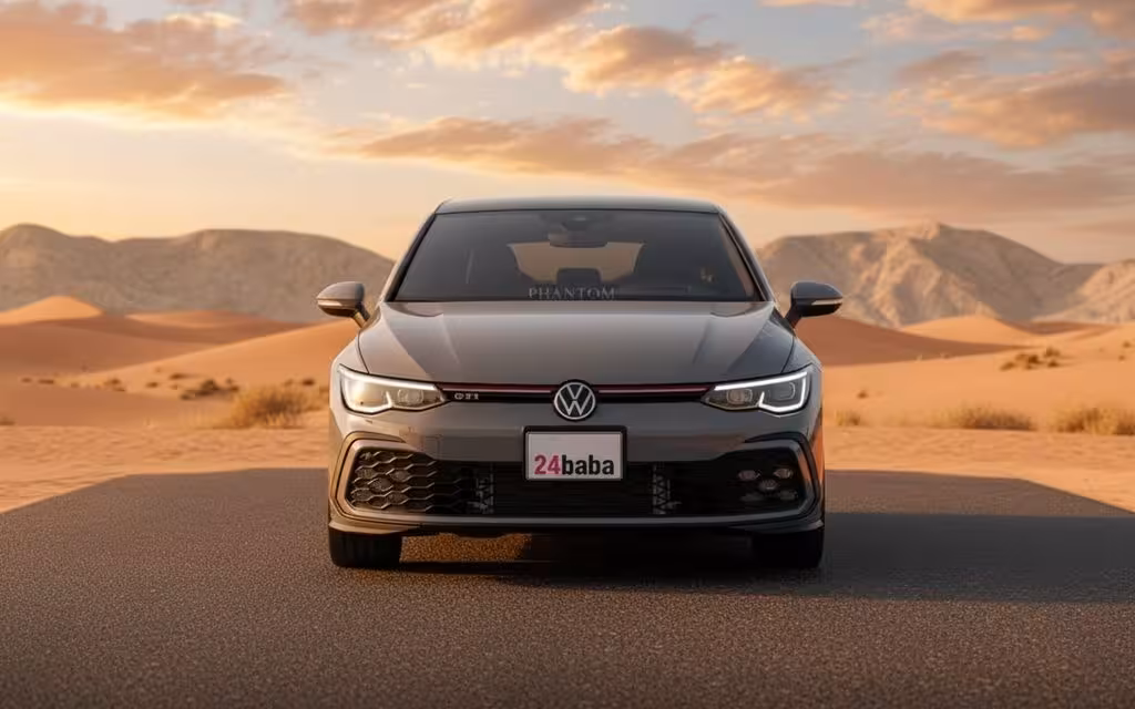 Volkswagen Golf 2023 Grey front view with headlights – rental in Dubai