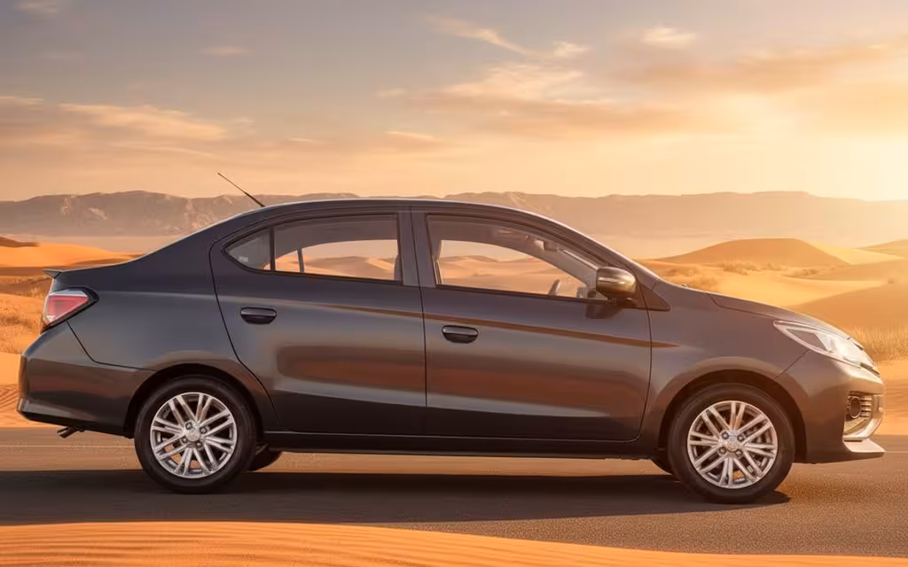 Mitsubishi Attrage 2024 Dark Gray side profile – rental in Dubai