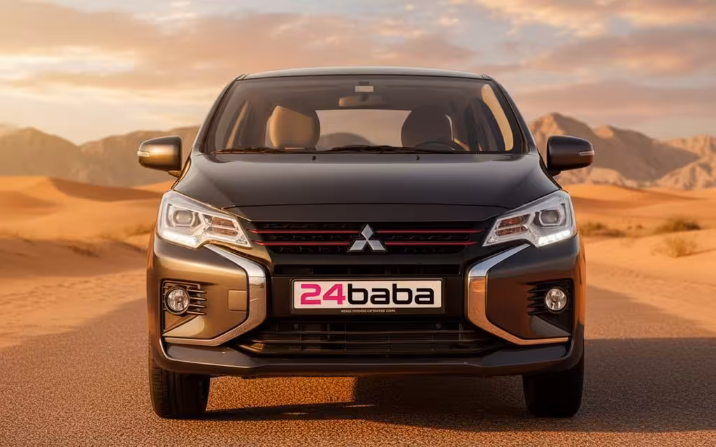Mitsubishi Attrage 2024 Dark Gray front view with headlights – rental in Dubai