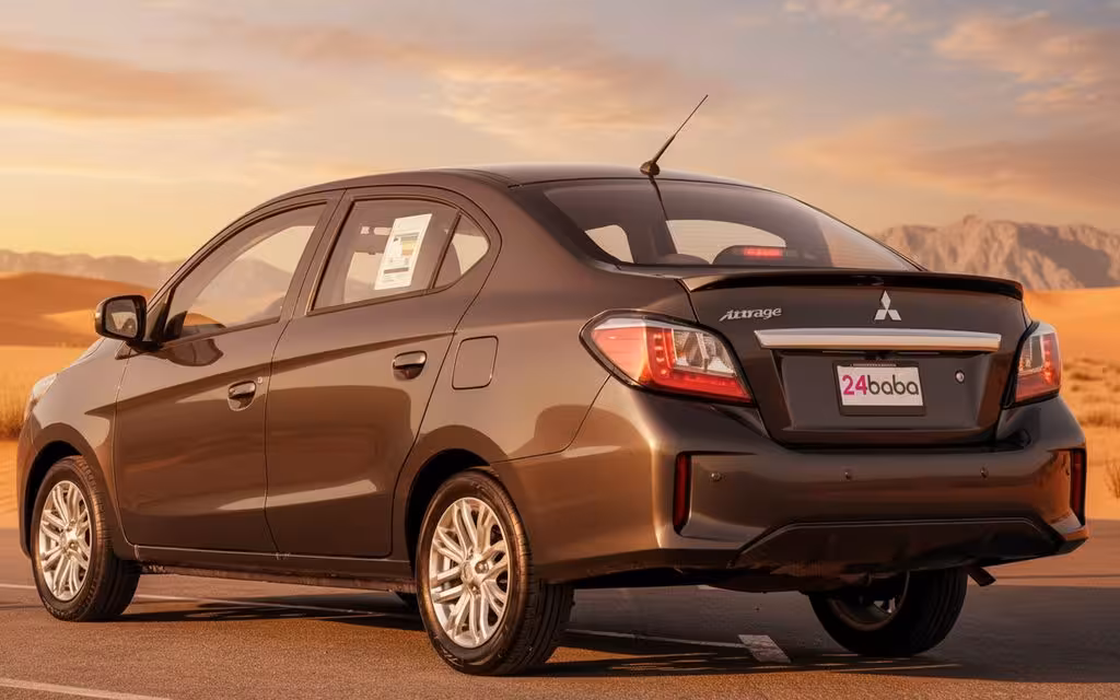 Mitsubishi Attrage 2024 Dark Gray rear view showing taillights – rental in Dubai