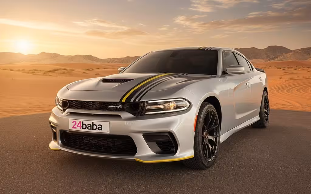 Dodge Charger 2022 Silver front view with headlights – rental in Dubai
