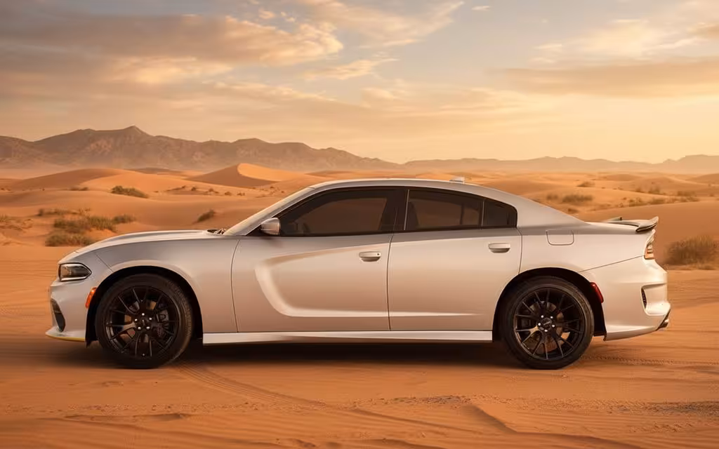 Dodge Charger 2022 Silver side profile – rental in Dubai