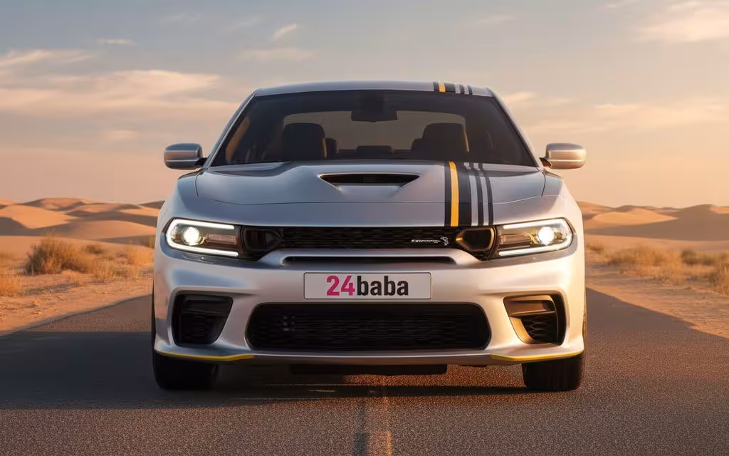 Dodge Charger 2022 Silver front view with headlights – rental in Dubai