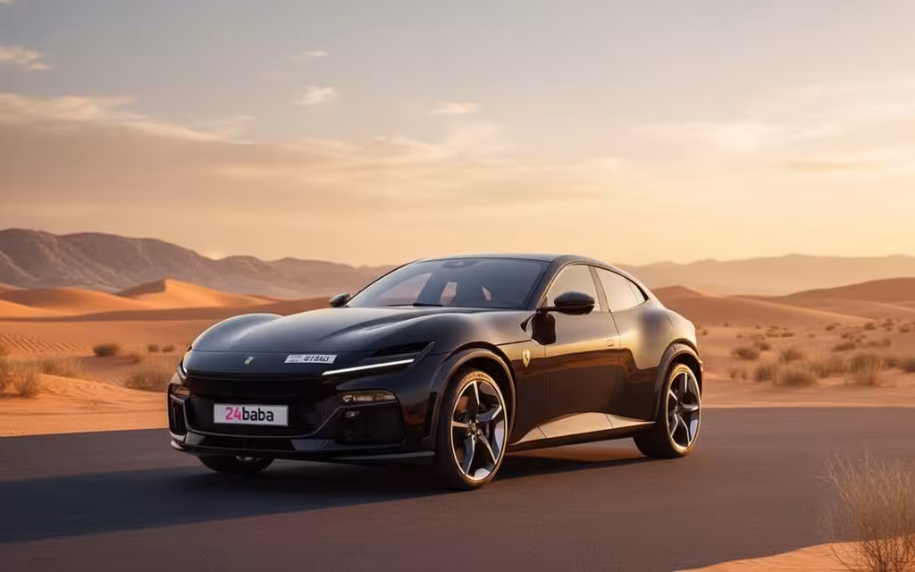 Ferrari Purosangue 2024 Black front view with headlights – rental in Dubai