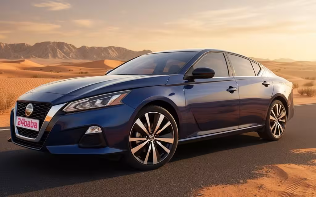 Nissan Altima 2022 Blue front view with headlights – rental in Dubai