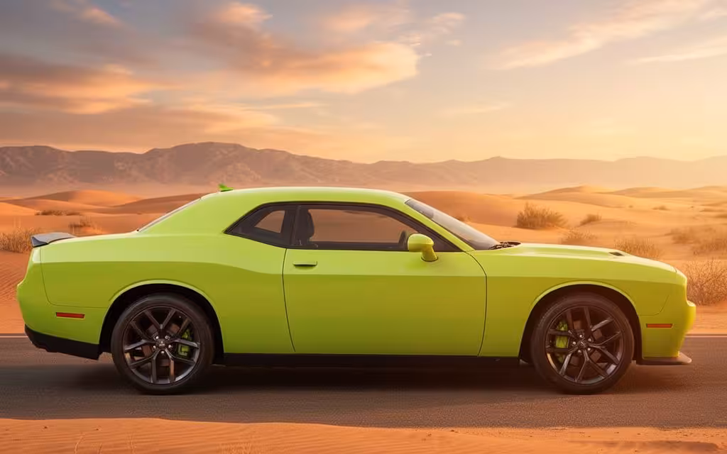 Dodge Challenger 2025 Green side profile – rental in Dubai
