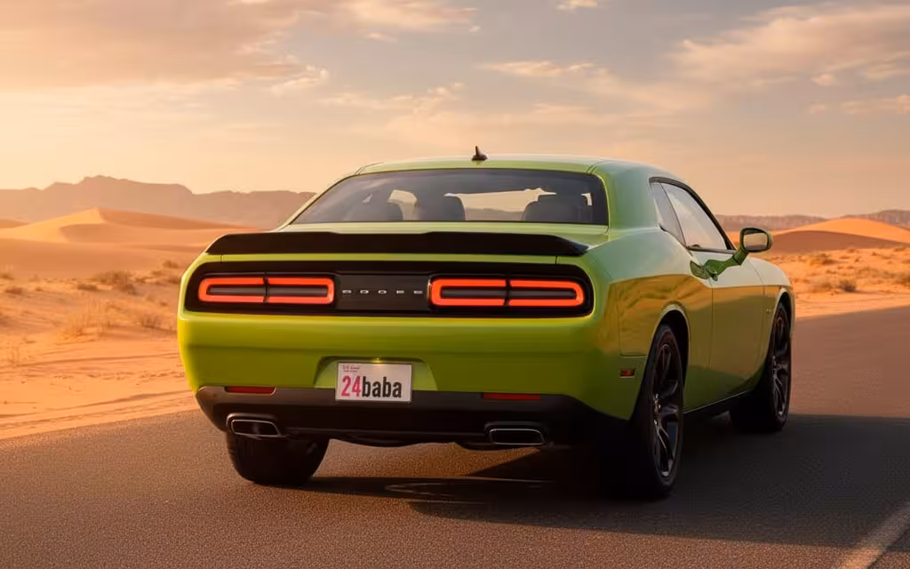 Dodge Challenger 2025 Green rear view showing taillights – rental in Dubai