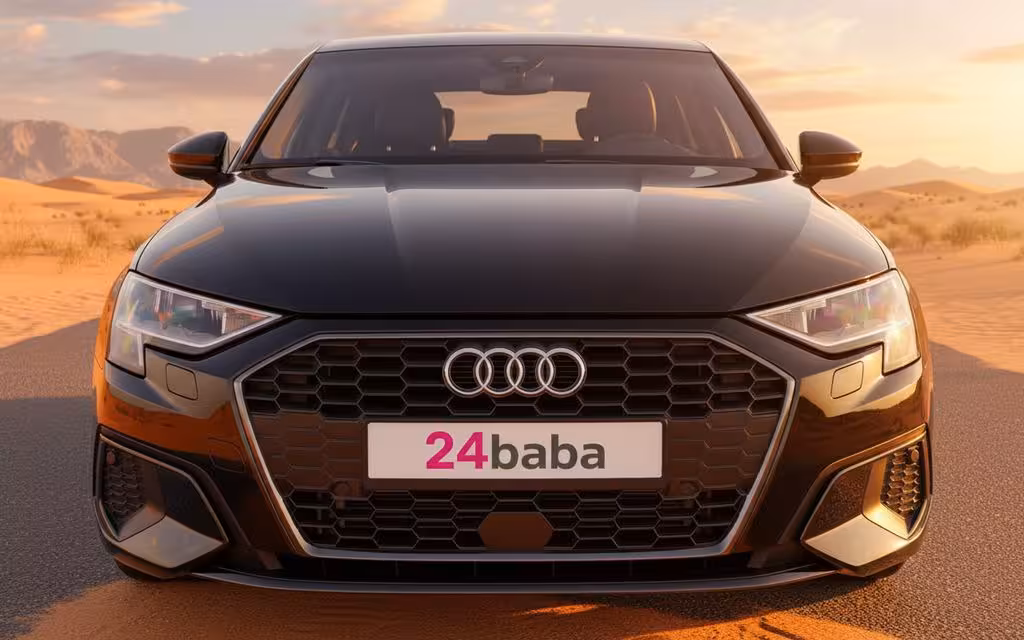 Audi A3 2022 Black front view with headlights – rental in Dubai