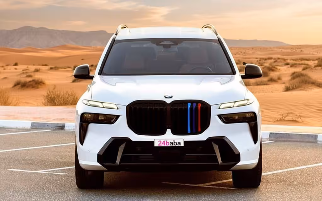 Bmw X7 2024 White front view with headlights – rental in Dubai