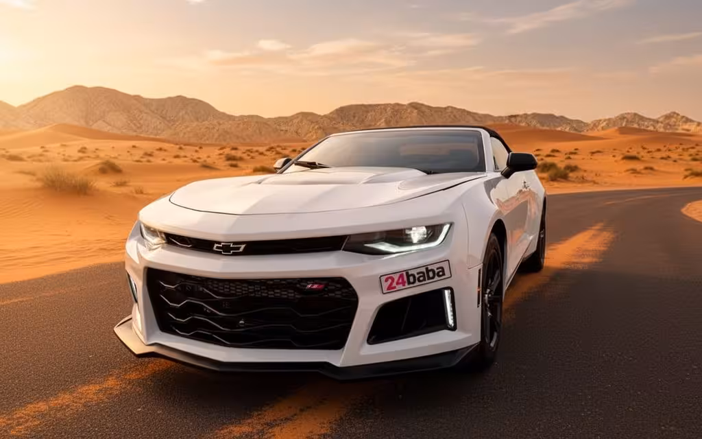 Chevrolet Camaro 2023 White front view with headlights – rental in Dubai