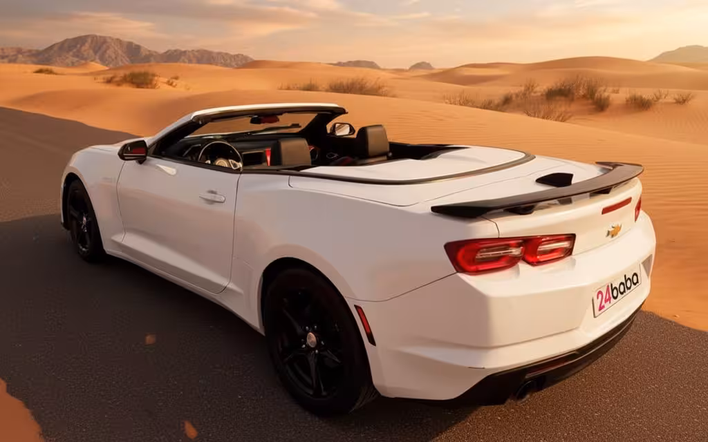 Chevrolet Camaro 2023 White rear view showing taillights – rental in Dubai