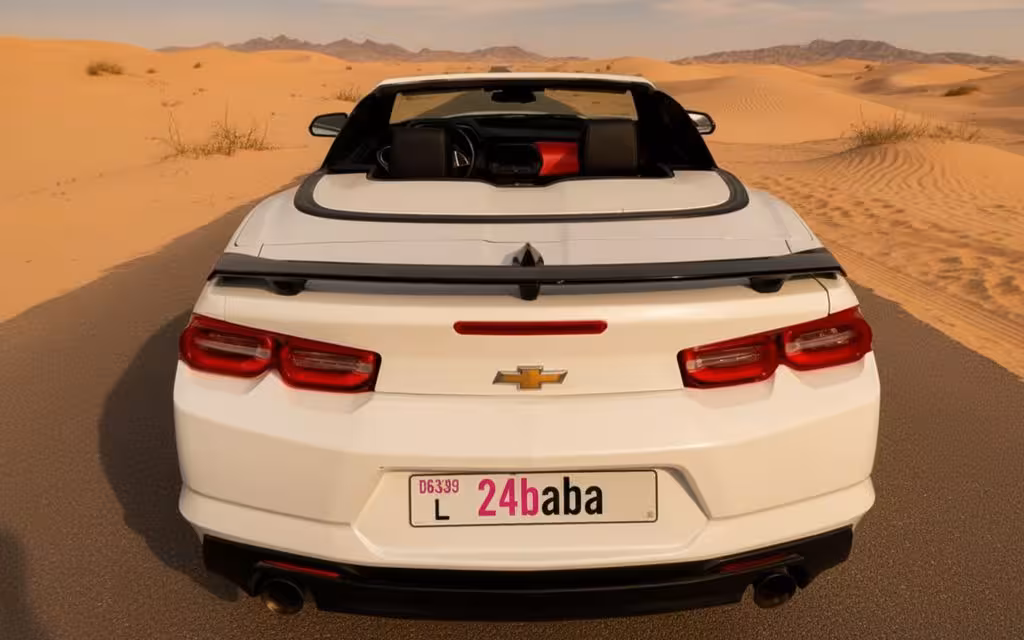 Chevrolet Camaro 2023 White rear view showing taillights – rental in Dubai