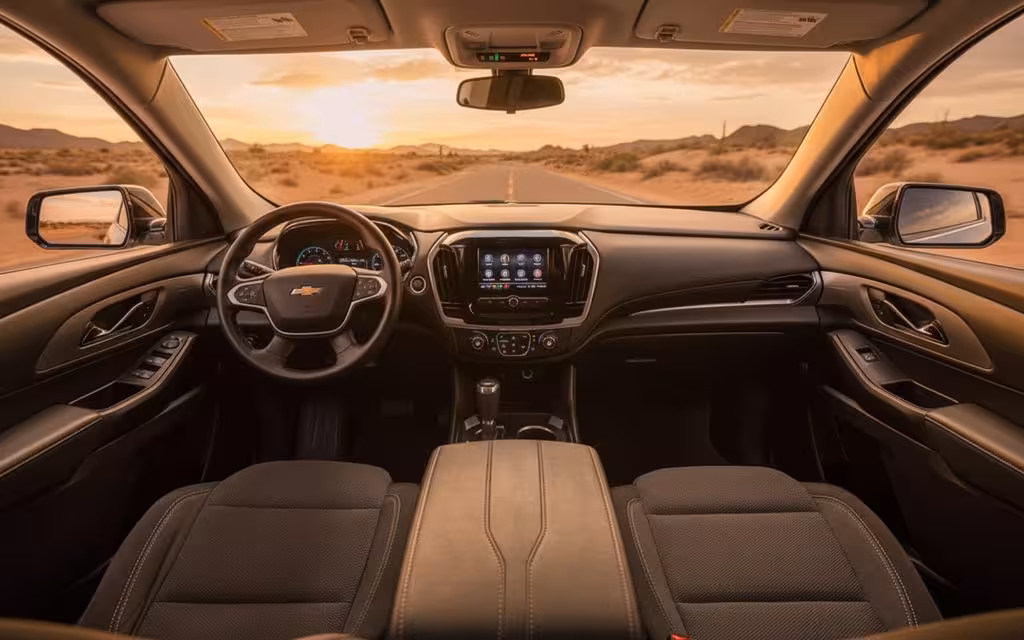 Chevrolet Traverse 2020 interior view showing trim – rental in Dubai