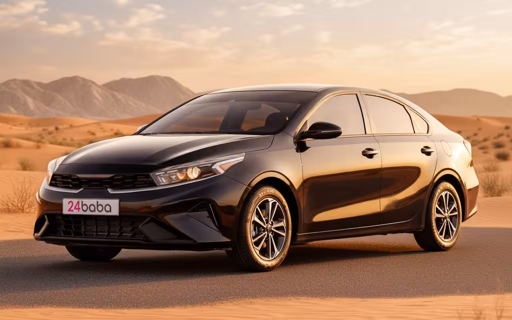 Kia Forte 2024 Black front view with headlights – rental in Dubai