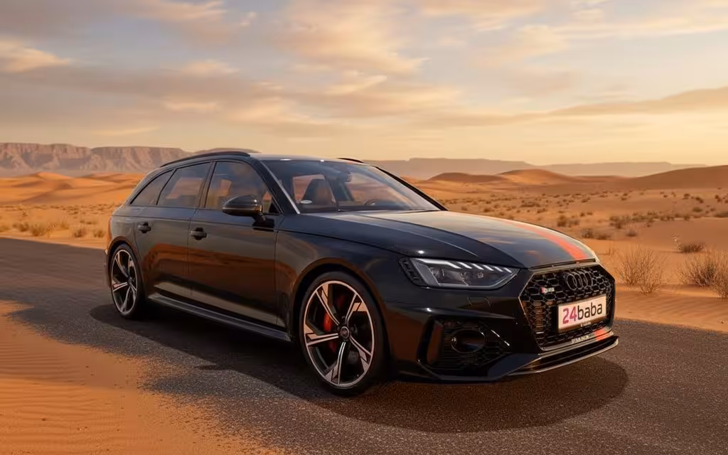 Audi Rs4 2025 Black front view with headlights – rental in Dubai
