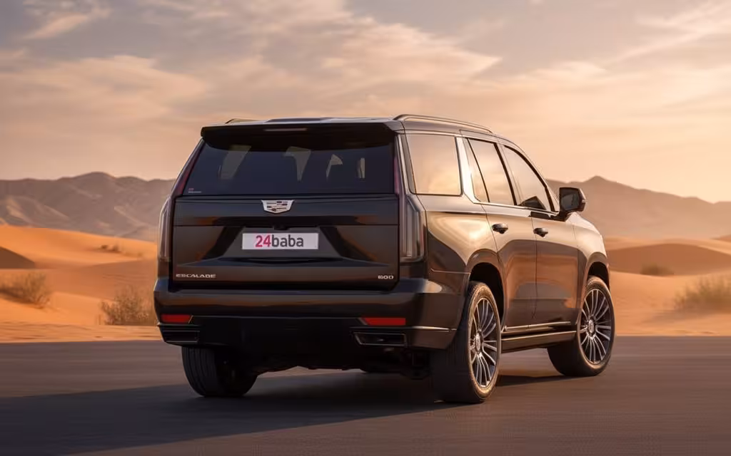 Cadillac Escalade 2021 Black rear view showing taillights – rental in Dubai