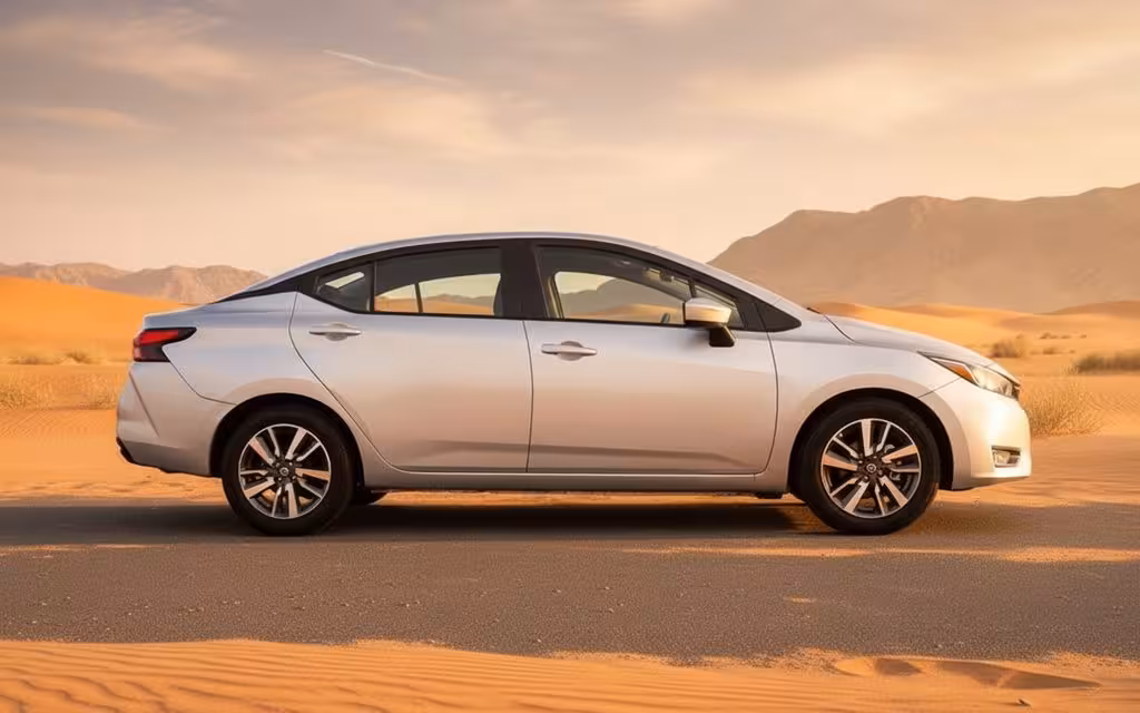 Nissan Versa 2024 Silver side profile – rental in Dubai