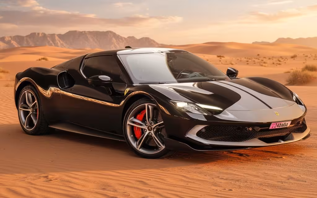 Ferrari 296 2024 Black front view with headlights – rental in Dubai