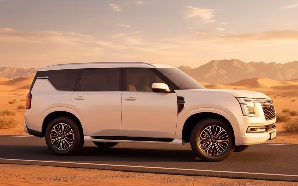 Nissan Patrol 2025 White side profile – rental in Dubai