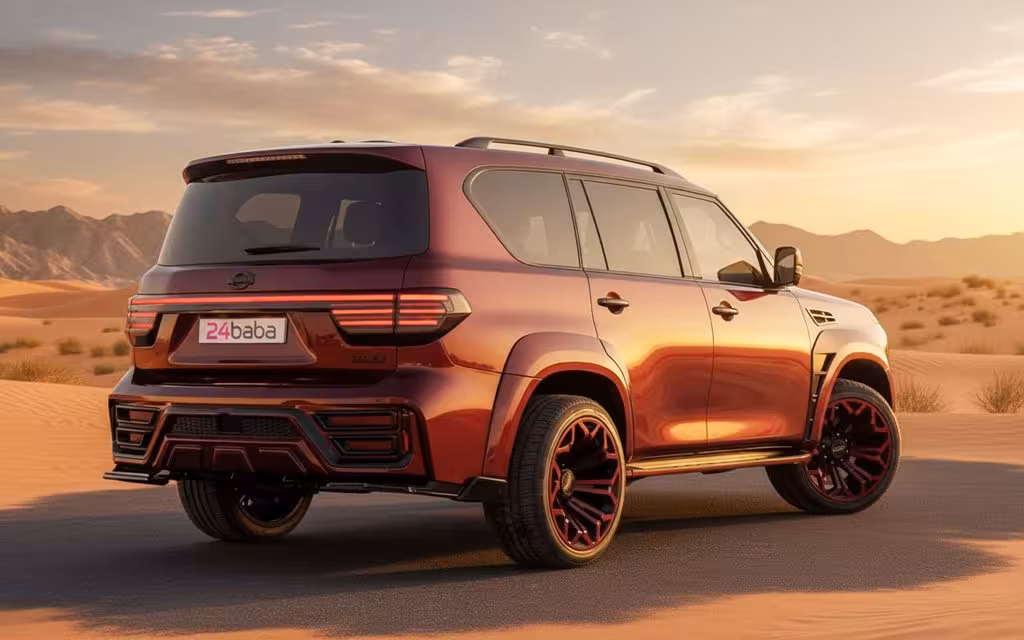 Nissan Patrol 2021 Red rear view showing taillights – rental in Dubai