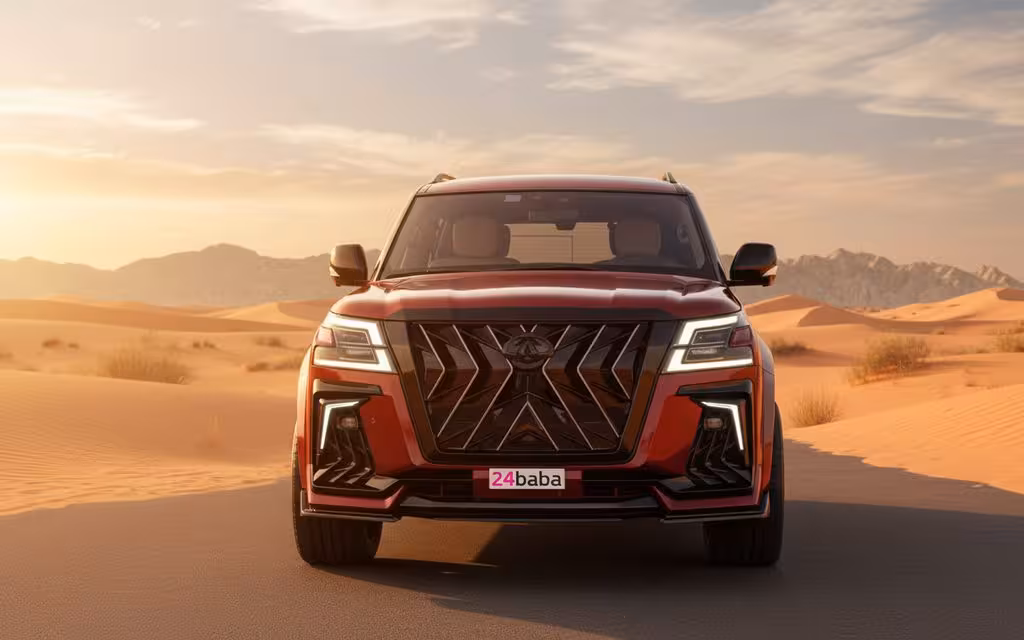 Nissan Patrol 2021 Red front view with headlights – rental in Dubai