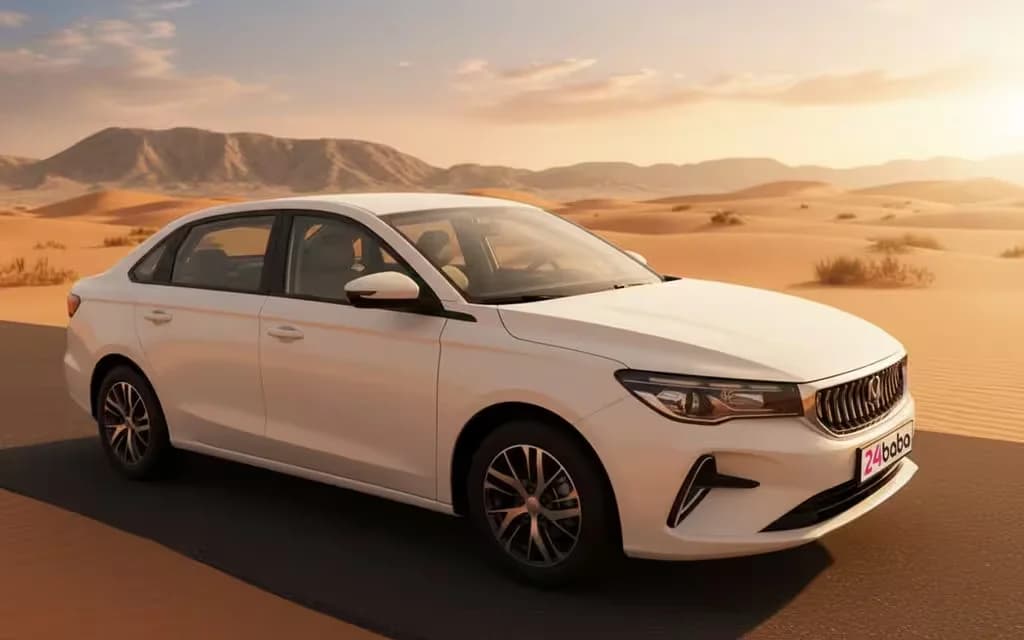Geely Emgrand 2025 White parked outdoor scene – rental in Dubai