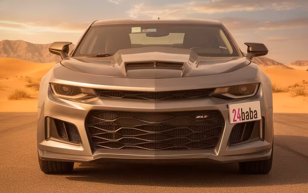 Chevrolet Camaro 2022 Grey front view with headlights – rental in Dubai