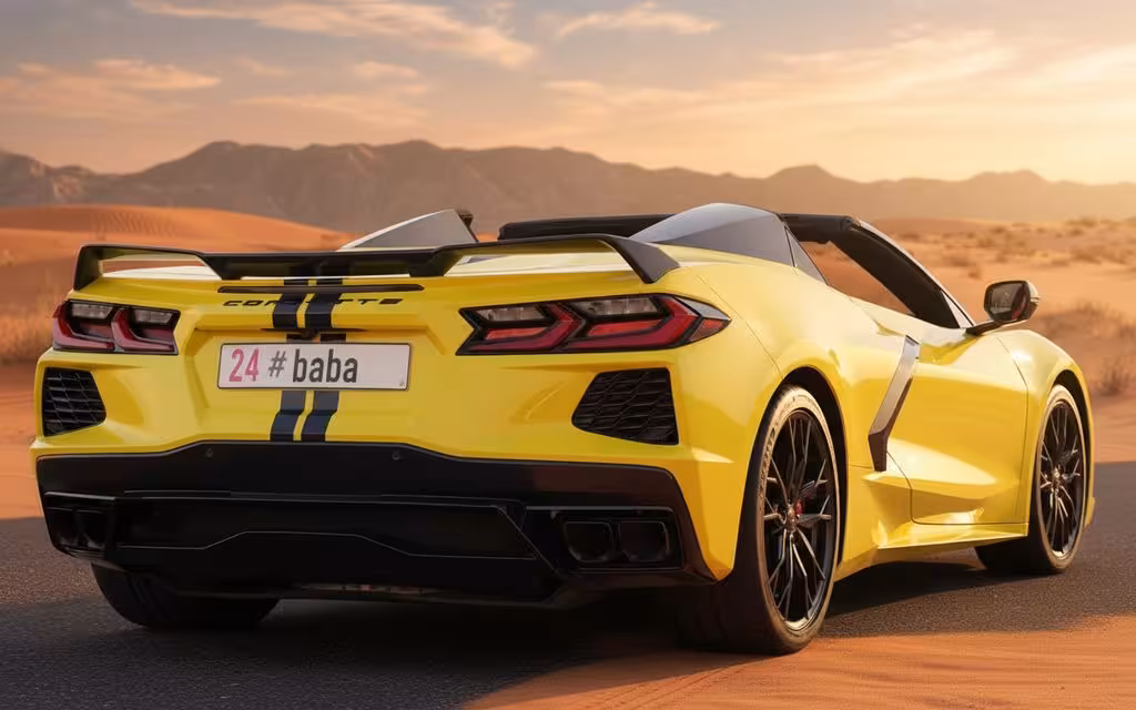 Chevrolet Corvette 2023 Yellow rear view showing taillights – rental in Dubai