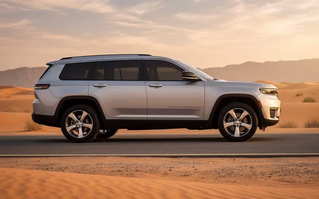 Jeep GrandCherokee 2023 Silver side profile – rental in Dubai