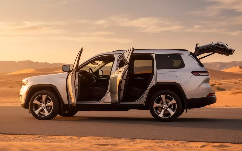 Jeep GrandCherokee 2023 Silver parked outdoor scene – rental in Dubai