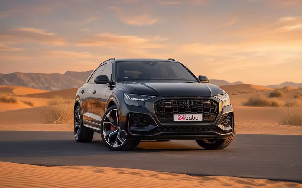 Audi RsQ8 2021 Black front view with headlights – rental in Dubai