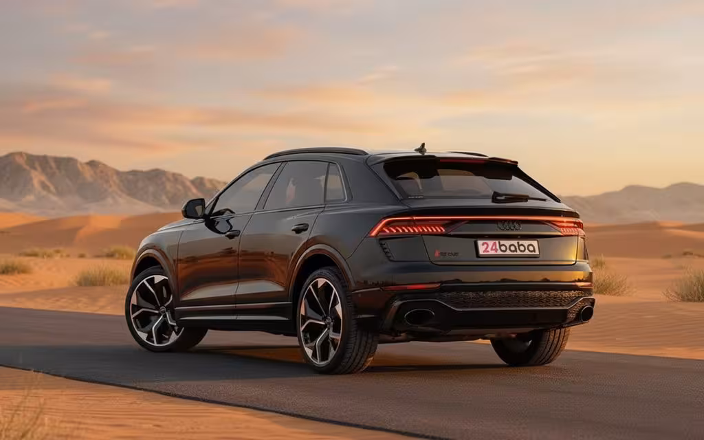 Audi RsQ8 2021 Black rear view showing taillights – rental in Dubai