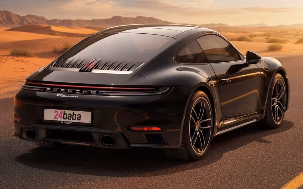 Porsche 911 2025 Black rear view showing taillights – rental in Dubai
