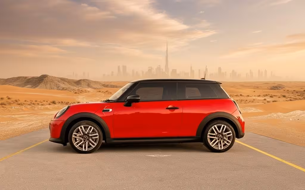 Mini Cooper 2025 Red side profile – rental in Dubai Mini Cooper 2025 Red side profile – rental in Dubai