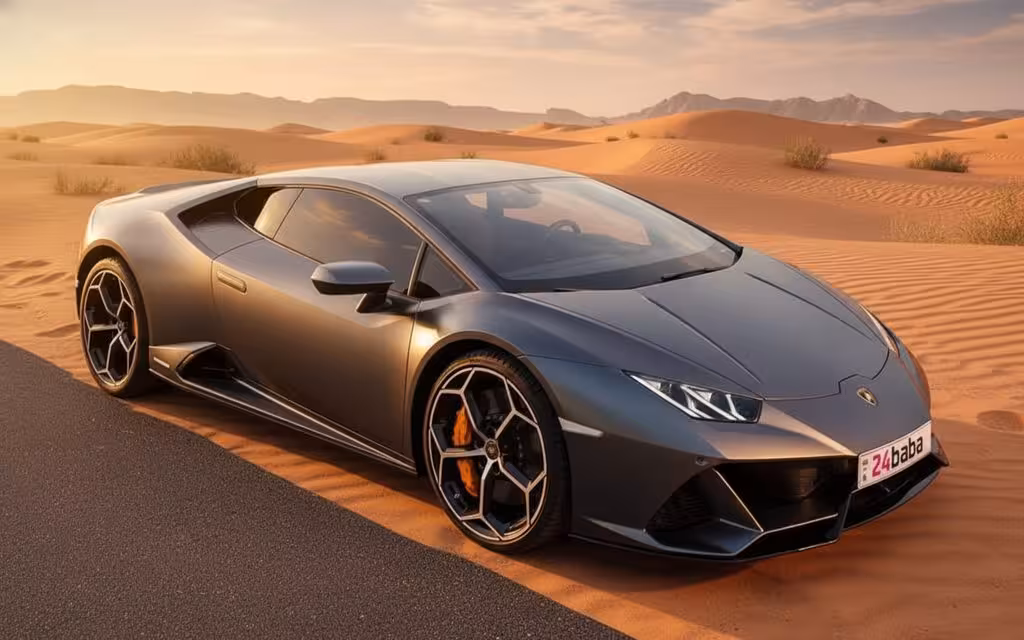 Lamborghini Huracan 2022 Grey front view with headlights – rental in Dubai