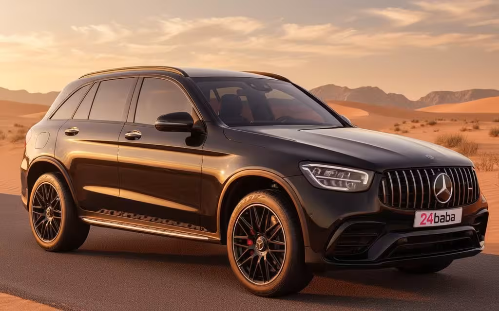 Mercedes Glc300 2022 Black front view with headlights – rental in Dubai