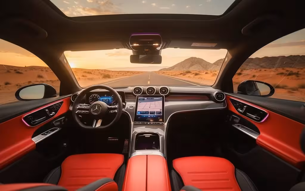 Mercedes Glc300 2025 interior view showing trim – rental in Dubai