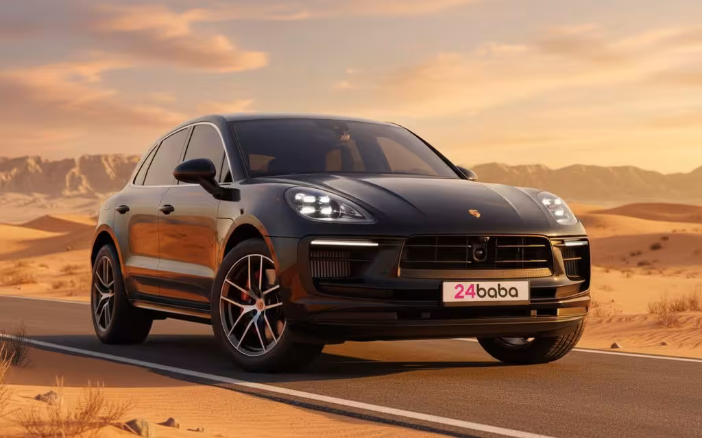 Porsche Macan 2024 Black front view with headlights – rental in Dubai