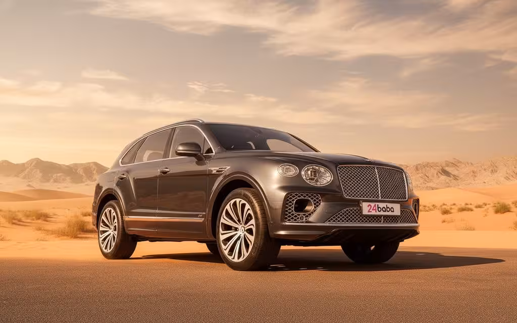 Bentley Bentayga 2021 Black front view with headlights – rental in Dubai